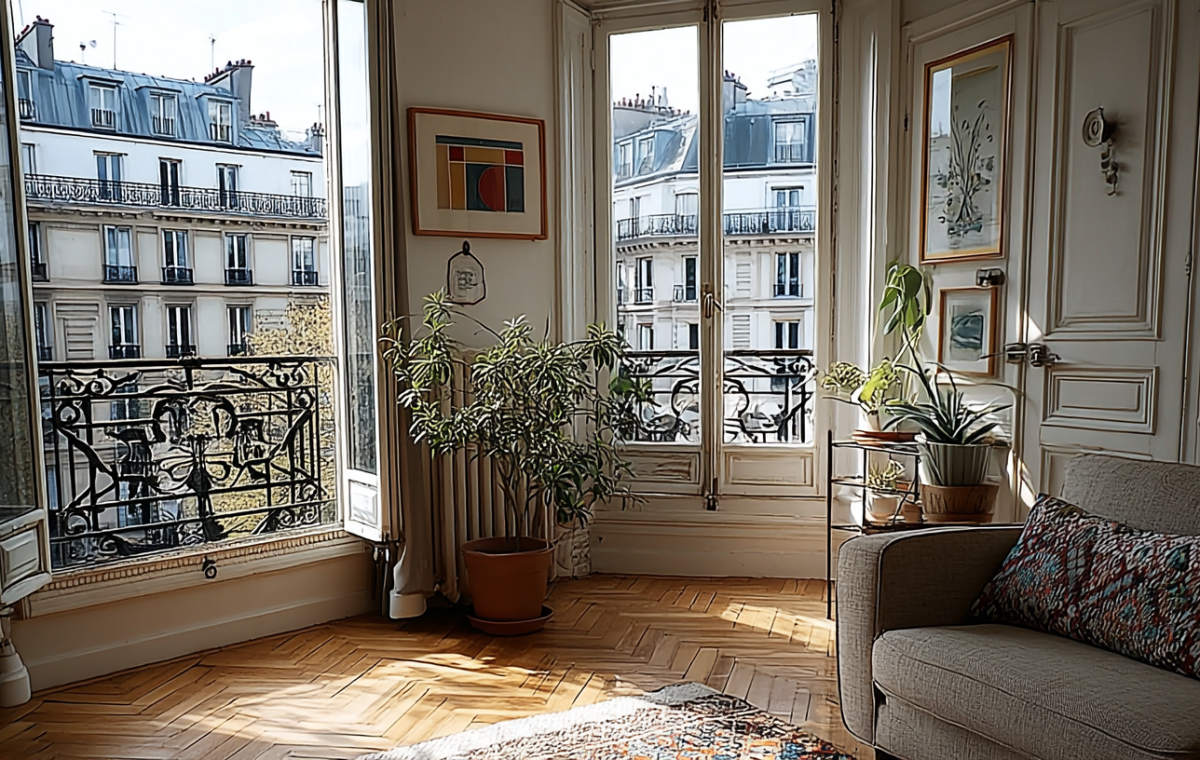 Bright French apartment living room featuring parquet floors, tall windows, and a wrought iron balcony.