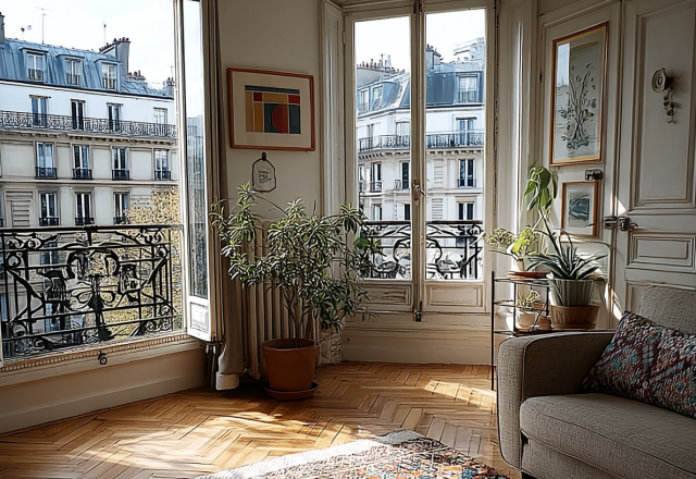 Bright French apartment living room featuring parquet floors, tall windows, and a wrought iron balcony.