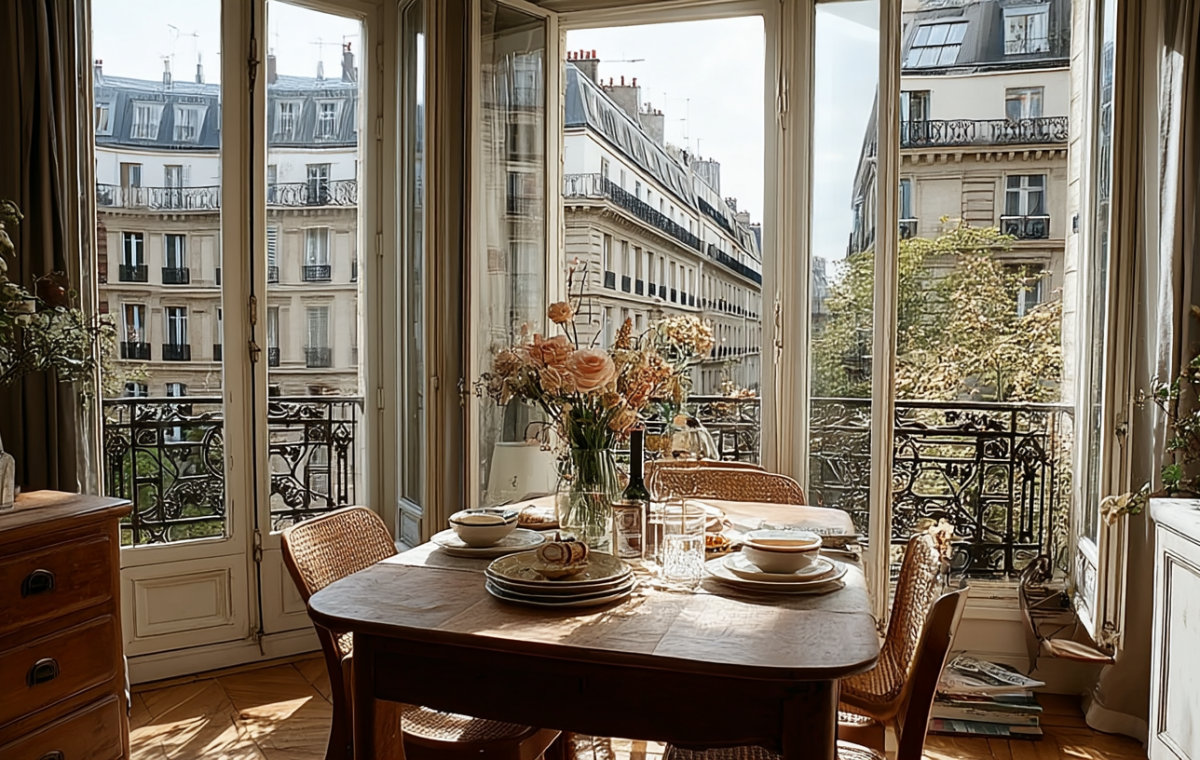 Bright French country dining room with a vintage wooden table and windows overlooking Parisian buildings.