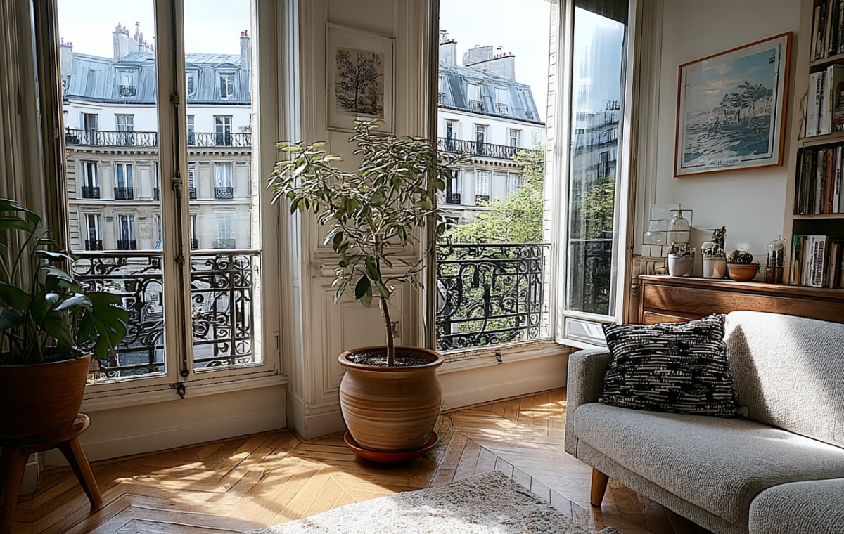 Bright natural light apartment interior featuring tall French windows, potted plants, and parquet wooden floors.