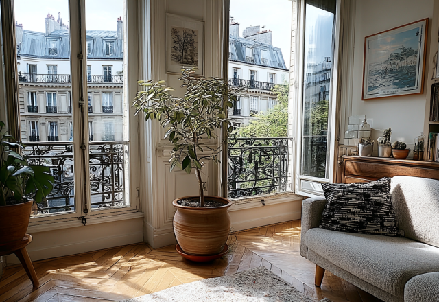 Bright natural light apartment interior featuring tall French windows, potted plants, and parquet wooden floors.