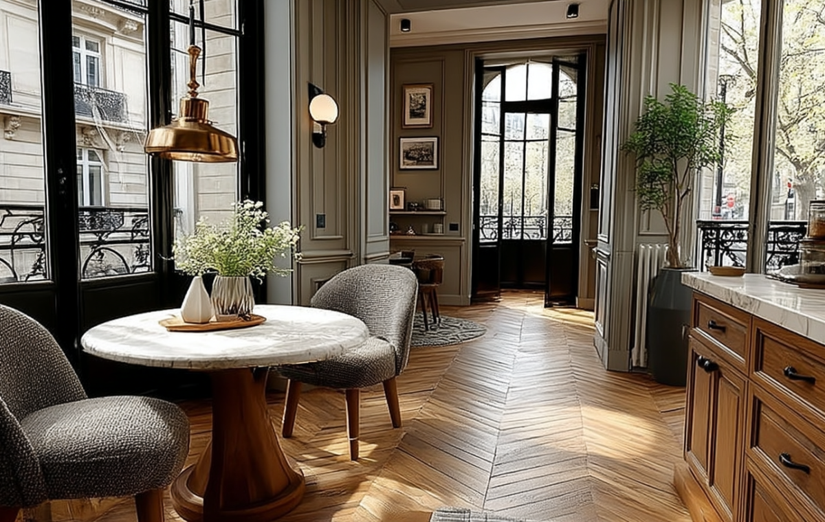 A sophisticated French apartment kitchen featuring herringbone wood floors, wooden cabinets, and a round marble dining table.