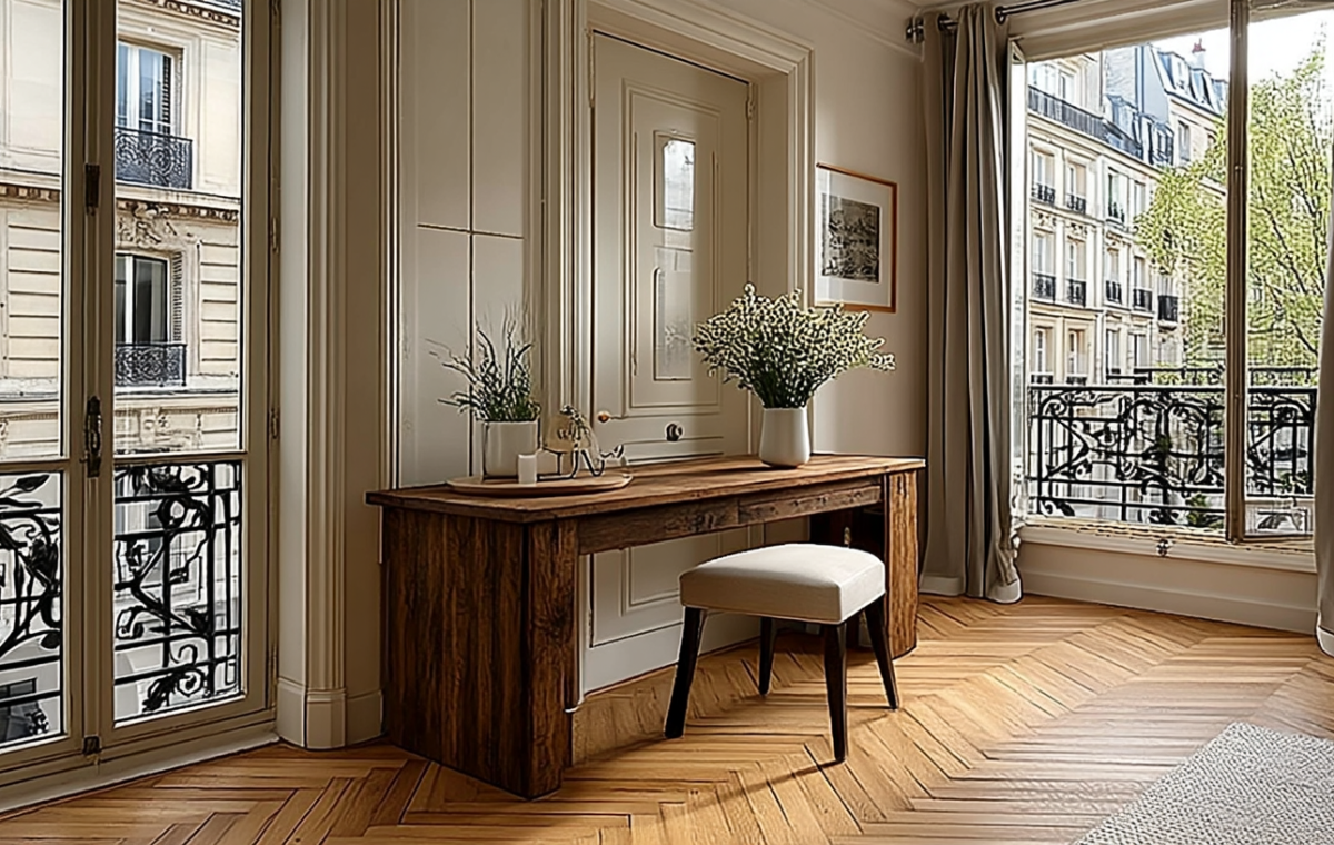 A chic French apartment workspace featuring a wooden writing desk, herringbone floors, and tall balcony windows.