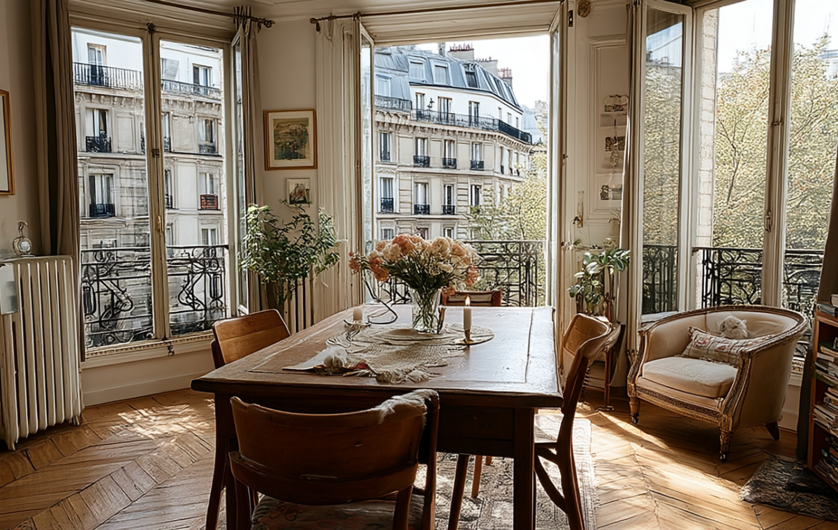 Bright French apartment dining room with wooden table and balcony views