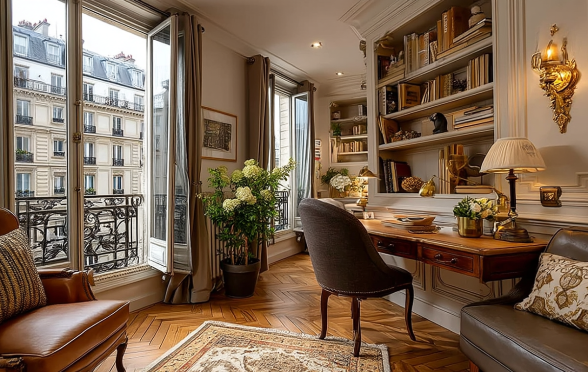 Bright French apartment home office featuring a wooden desk, herringbone floors, and built-in bookshelves.