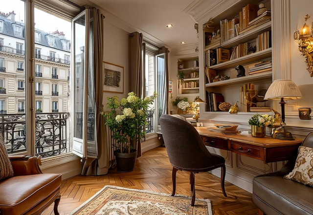 Bright French apartment home office featuring a wooden desk, herringbone floors, and built-in bookshelves.