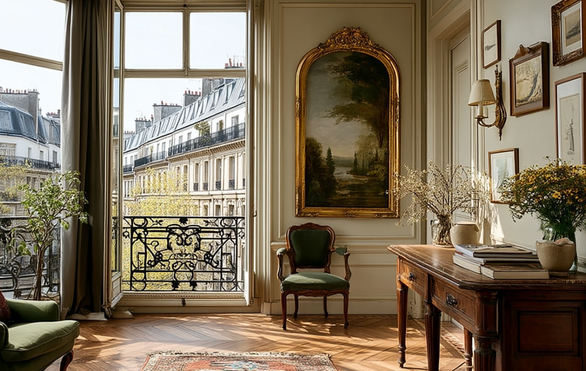 Bright French apartment living room with tall windows, antique console table, and parquetry flooring.