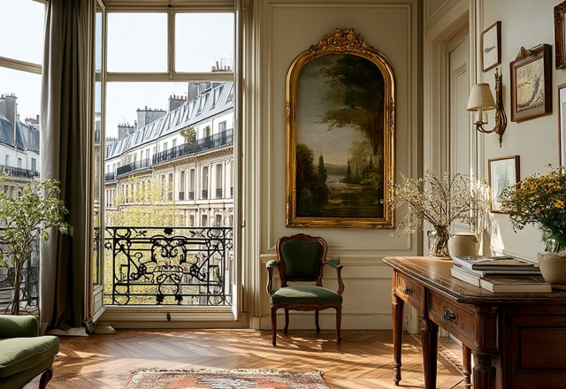 Bright French apartment living room with tall windows, antique console table, and parquetry flooring.