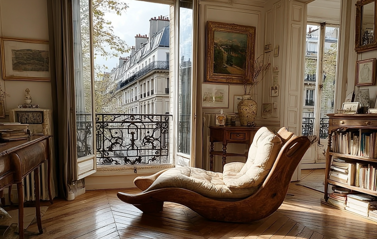 Sunny French apartment living room featuring herringbone wood floors and a sculptural wooden lounge chair.