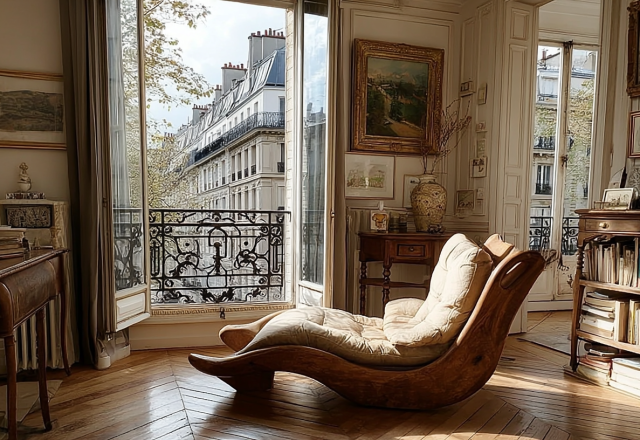 Sunny French apartment living room featuring herringbone wood floors and a sculptural wooden lounge chair.