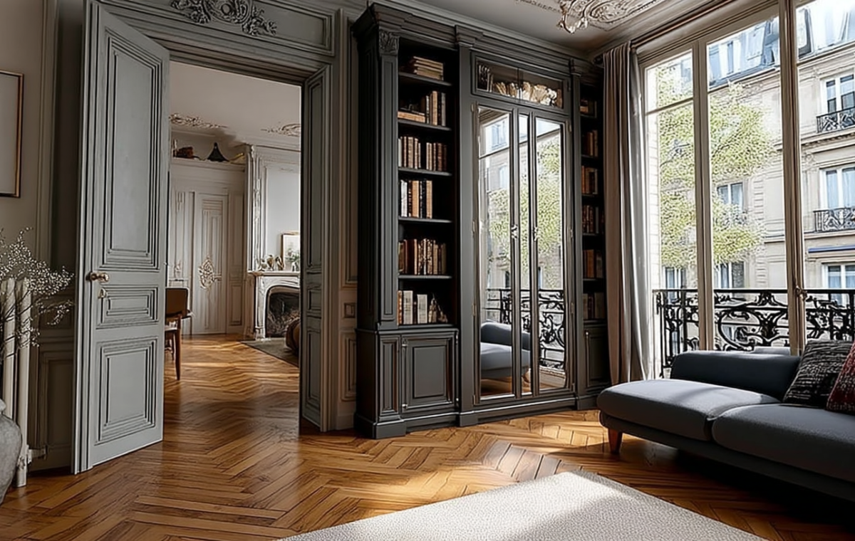 Elegant French apartment living room with herringbone wood floors, dark built-in bookshelves, and classic wall moldings.