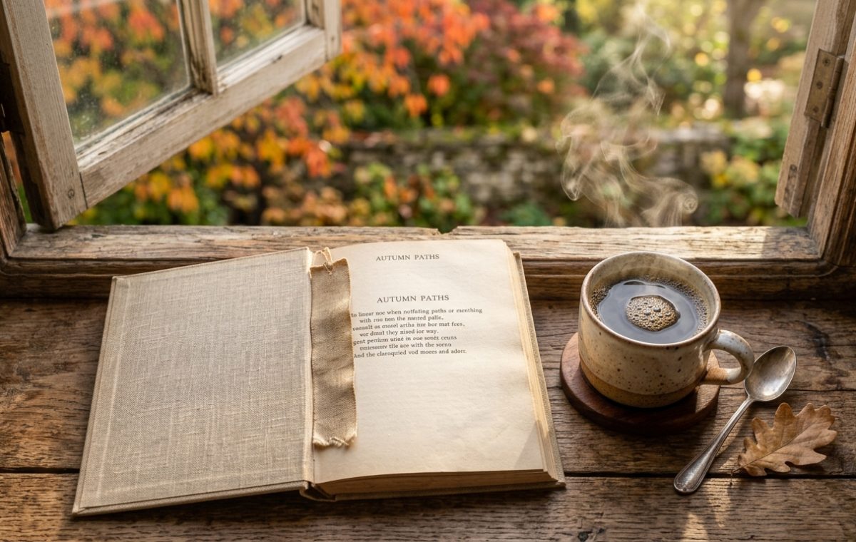 Cozy autumn reading nook on a rustic wooden windowsill with an open book and a steaming cup of coffee