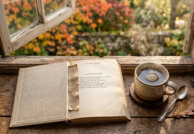 Cozy autumn reading nook on a rustic wooden windowsill with an open book and a steaming cup of coffee