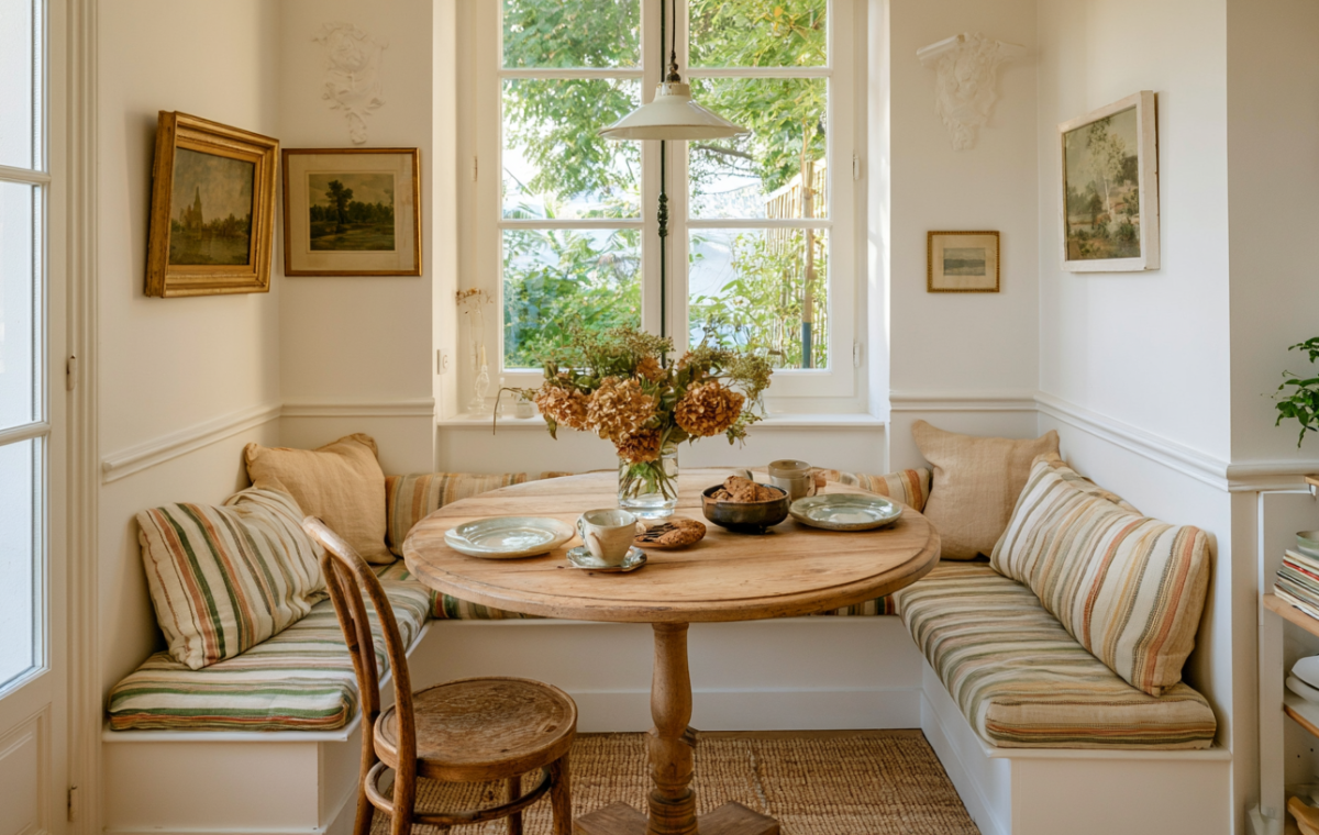 A cozy breakfast nook banquette with striped cushions, a round wooden table, and natural light pouring through a window.