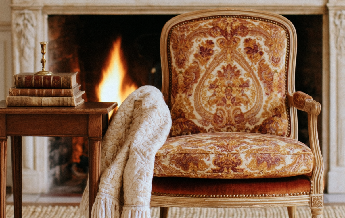 A cozy fireplace seating area featuring an antique patterned armchair, wooden side table with books, and lit hearth.