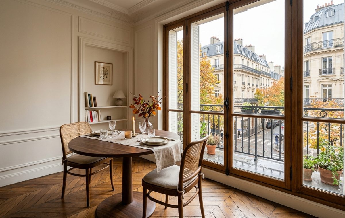 Charming French apartment dining nook featuring a round wooden table, cane chairs, and large windows overlooking a city street.