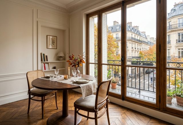 Charming French apartment dining nook featuring a round wooden table, cane chairs, and large windows overlooking a city street.