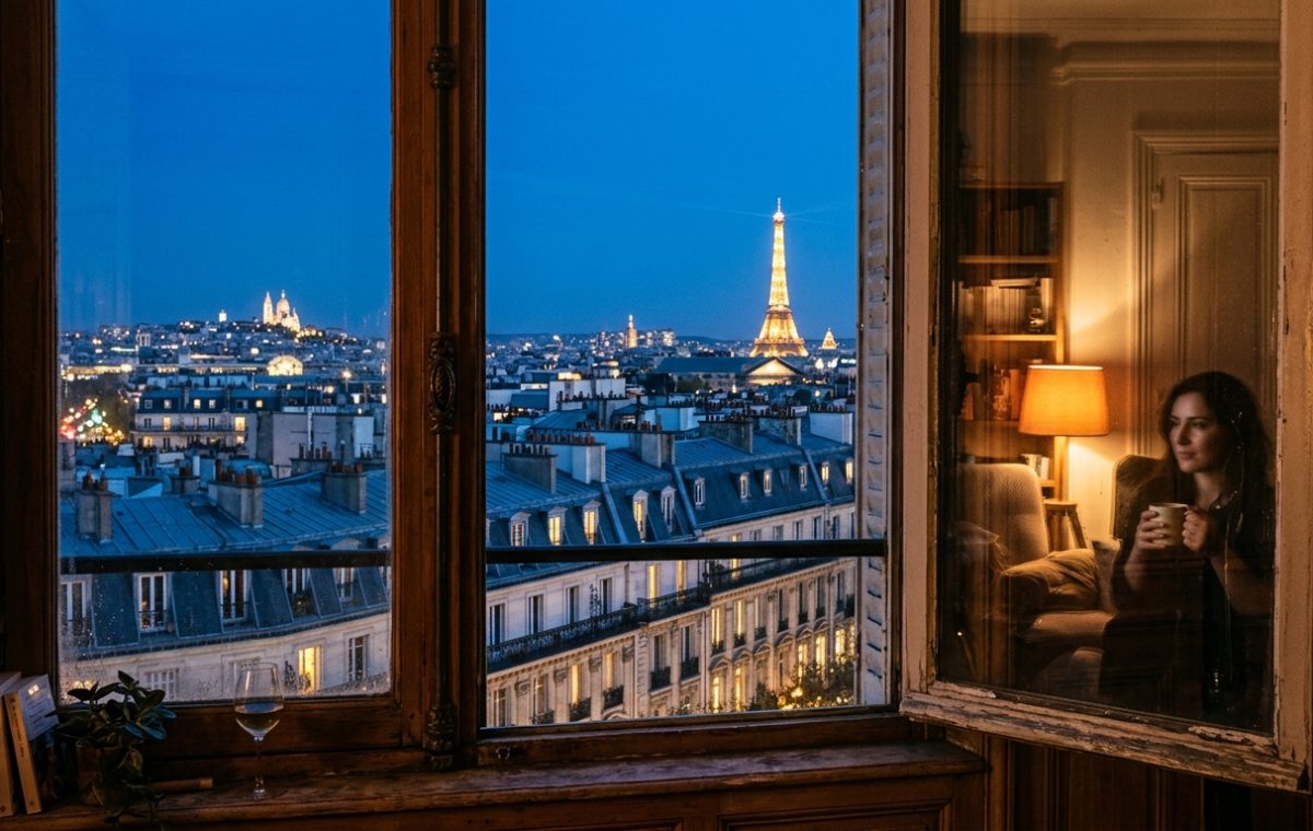 A cozy room overlooking a stunning French apartment view of the city skyline at night.