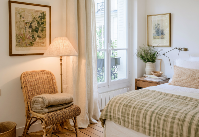 Bright cozy minimalist bedroom featuring a rattan chair, green plaid bedding, and natural linen curtains.