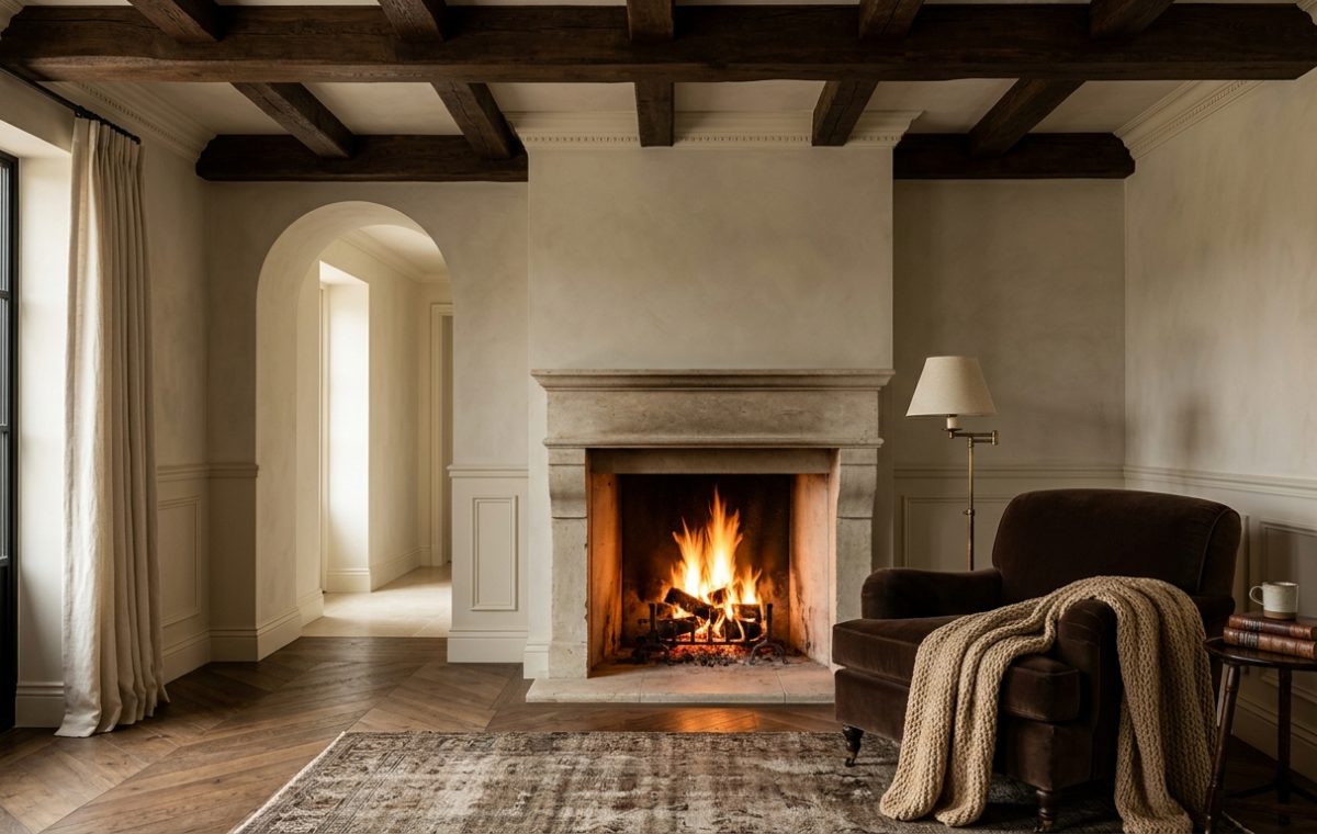 A rustic living room fireplace featuring exposed wood beams, limewash walls, and a cozy velvet armchair.