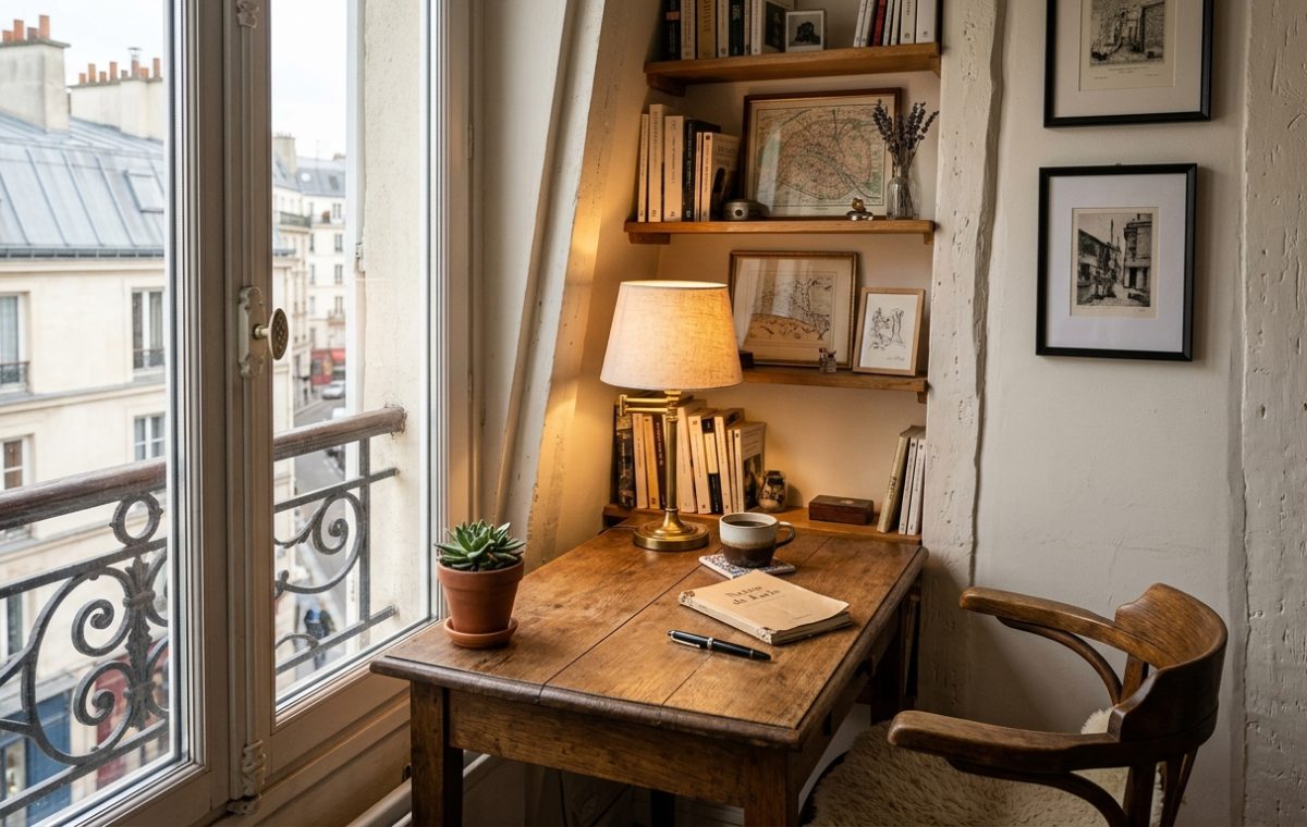 Cozy small home office setup with wooden desk, brass lamp, and window view