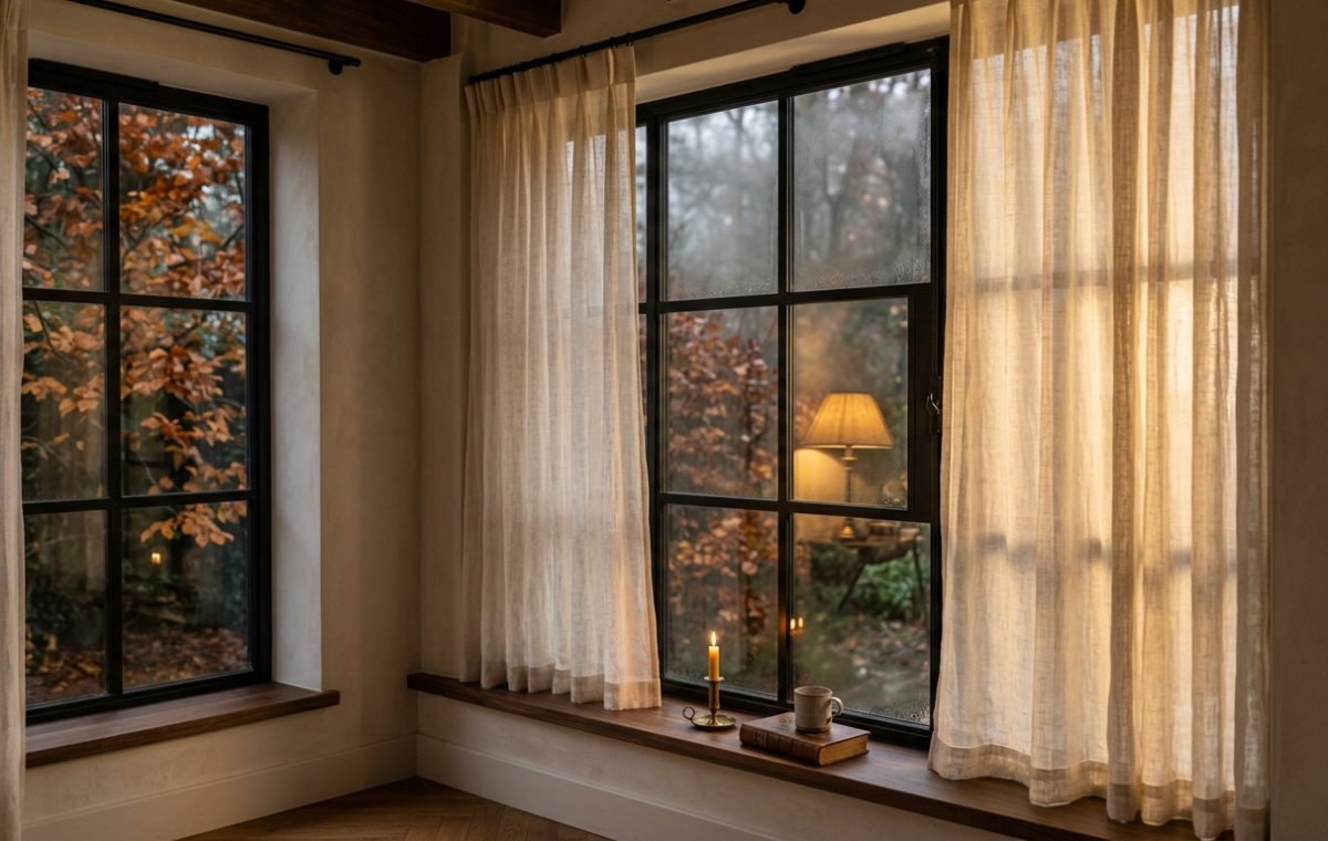 A cozy window seat nook with dark metal windows, linen curtains, a lit candle, and a vintage book during an autumn rain.