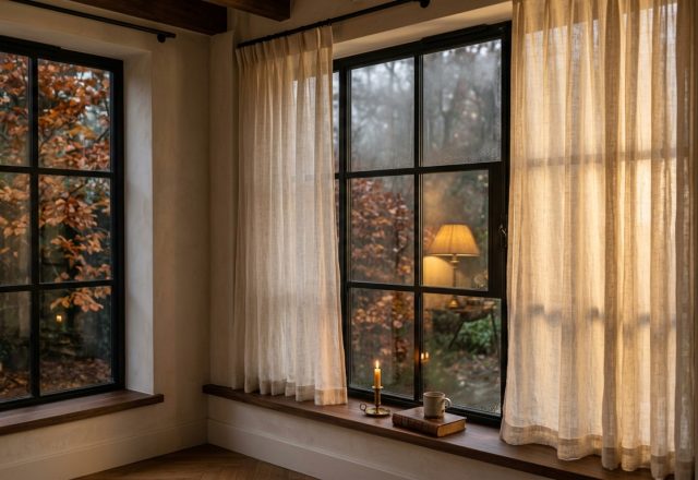 A cozy window seat nook with dark metal windows, linen curtains, a lit candle, and a vintage book during an autumn rain.