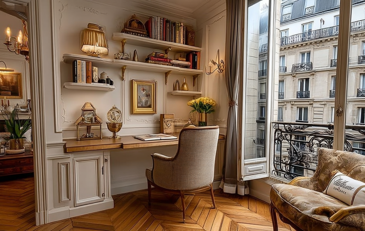 A sophisticated French apartment home office featuring wooden built-in shelves, herringbone parquet floors, and a bright window view.