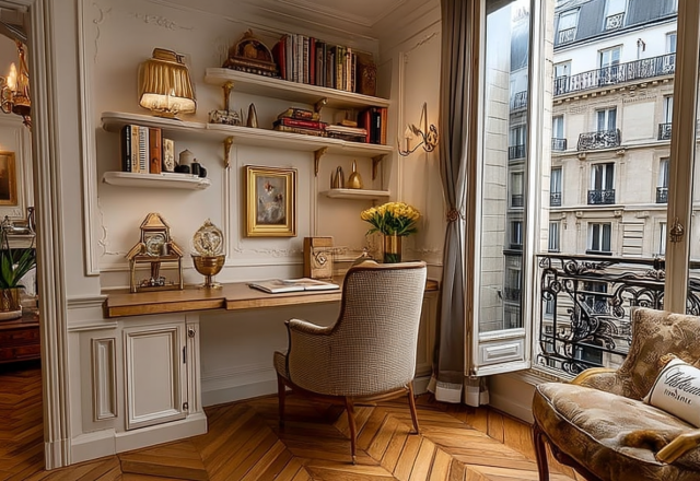 A sophisticated French apartment home office featuring wooden built-in shelves, herringbone parquet floors, and a bright window view.