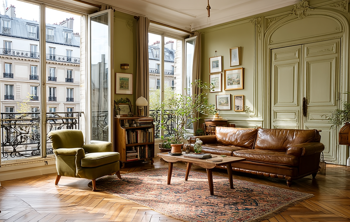 Bright French apartment living room featuring olive green walls, herringbone floors, and a brown leather sofa.