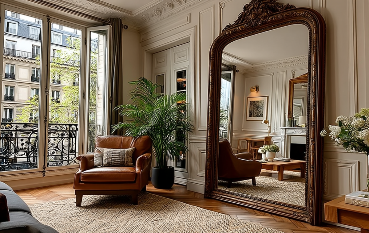 Bright French apartment living room featuring an oversized gold mirror and leather armchair.