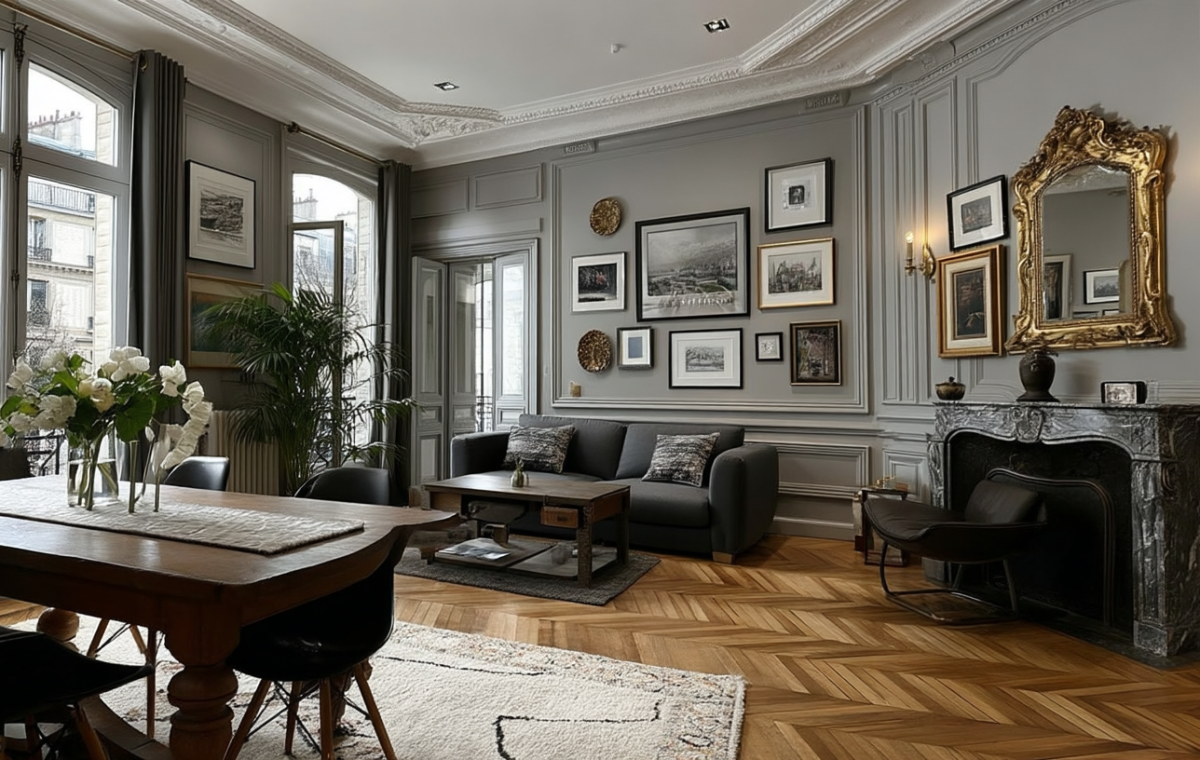 Elegant French apartment living room featuring herringbone wood floors, tall windows, and a green velvet armchair.