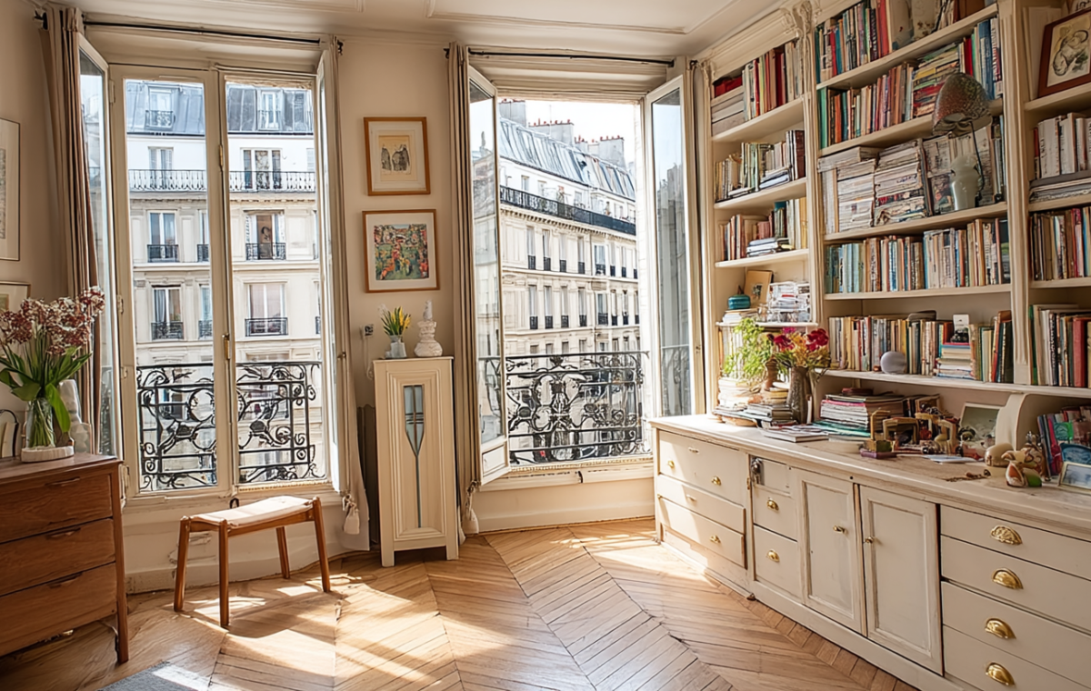 Bright French apartment living room featuring chevron wood floors, open balcony doors, and massive built-in bookshelves.