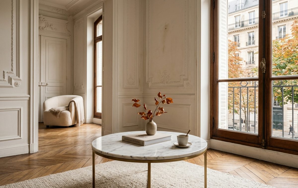 Bright French apartment living room with tall windows, herringbone wood floors, and a marble coffee table.