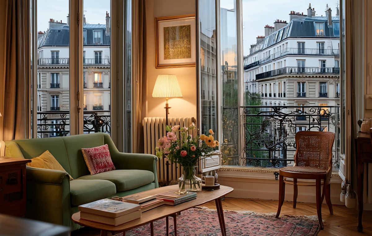 A cozy French apartment living room featuring a green sofa, classic windows, and Parisian street views.