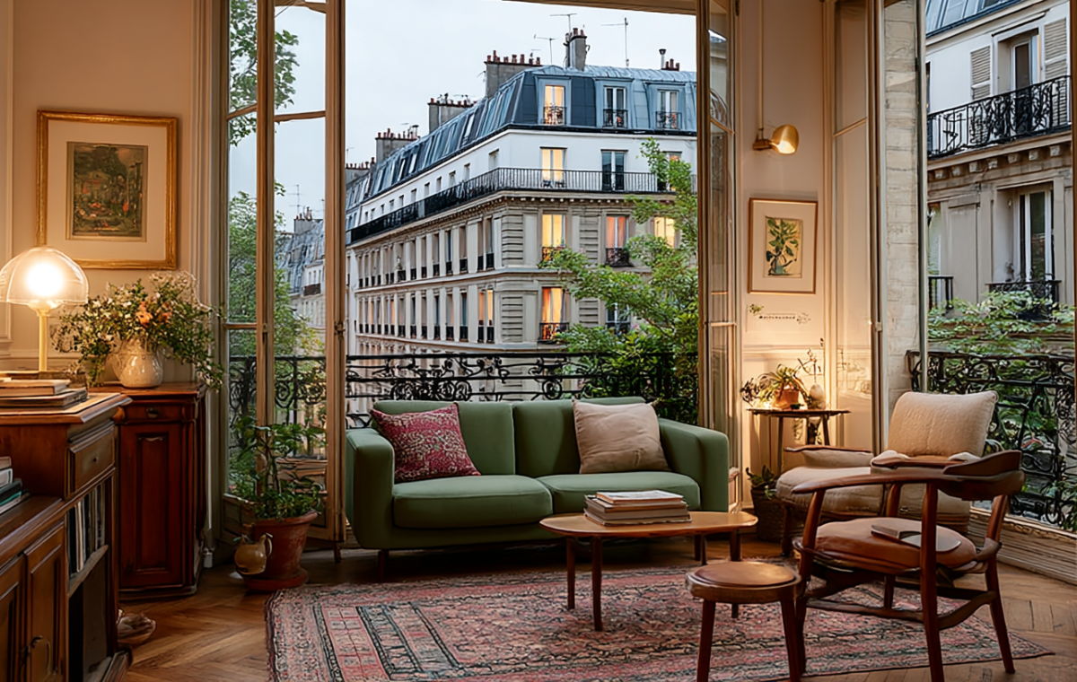 A cozy French apartment living room featuring a green sofa, vintage wooden furniture, and a balcony view of Parisian architecture.