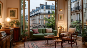 A cozy French apartment living room featuring a green sofa, vintage wooden furniture, and a balcony view of Parisian architecture.