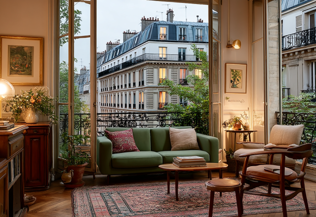 A cozy French apartment living room featuring a green sofa, vintage wooden furniture, and a balcony view of Parisian architecture.