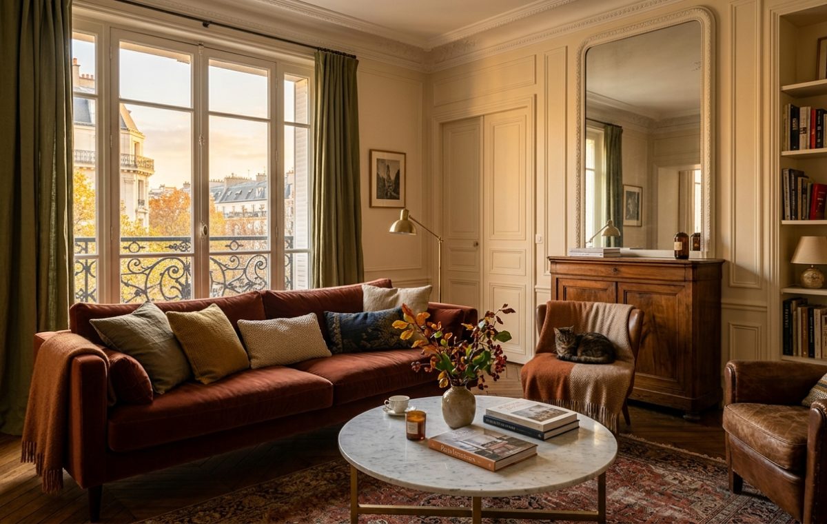 Elegant French apartment living room featuring a rust velvet sofa, marble coffee table, and tall windows.