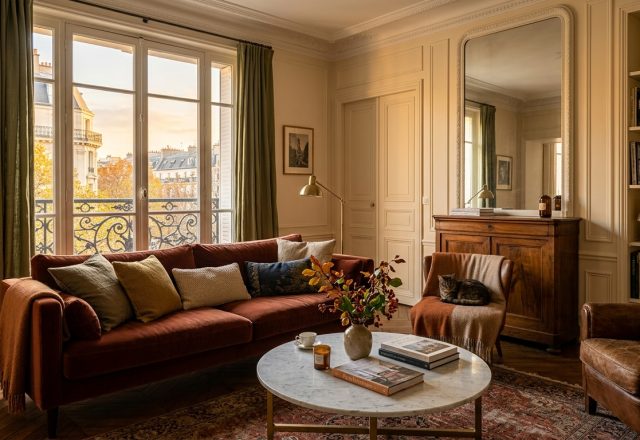 Elegant French apartment living room featuring a rust velvet sofa, marble coffee table, and tall windows.