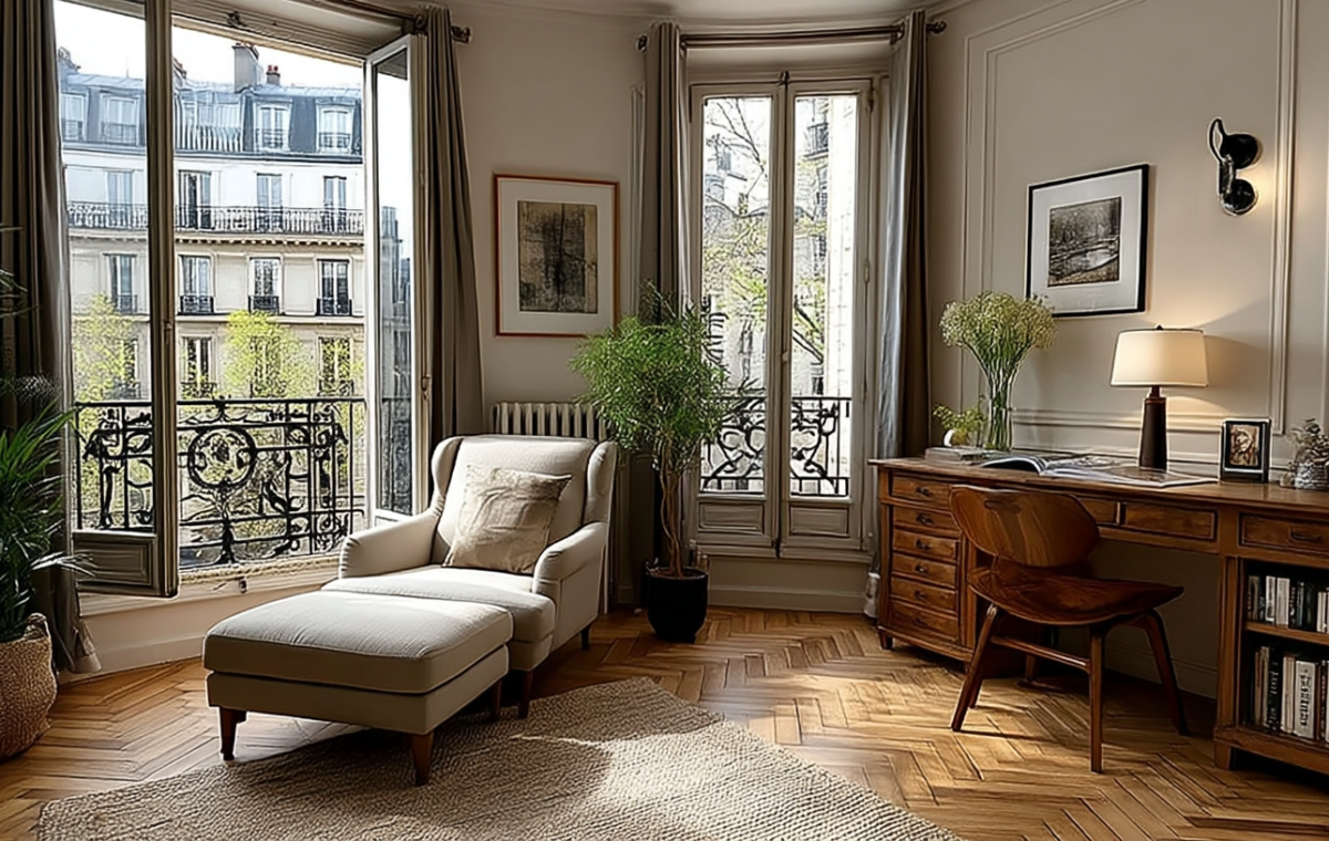 Bright French apartment workspace featuring wooden desk, herringbone floors, and open balcony doors.