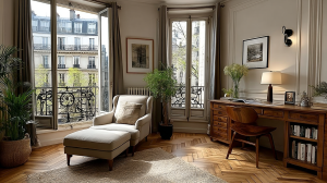 Bright French apartment workspace featuring wooden desk, herringbone floors, and open balcony doors.