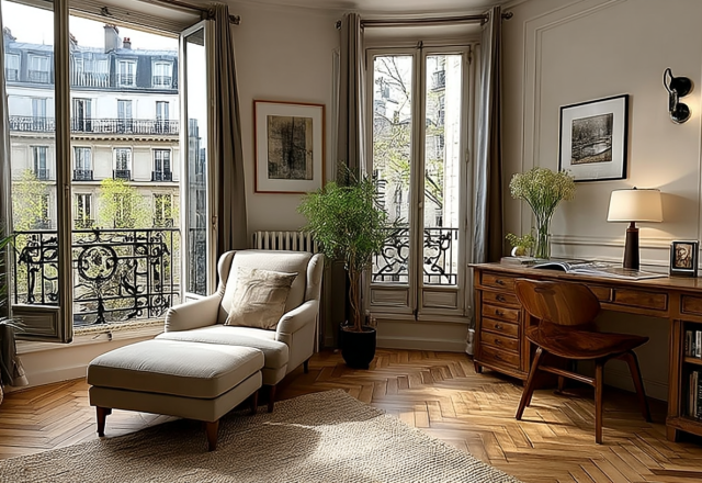 Bright French apartment workspace featuring wooden desk, herringbone floors, and open balcony doors.