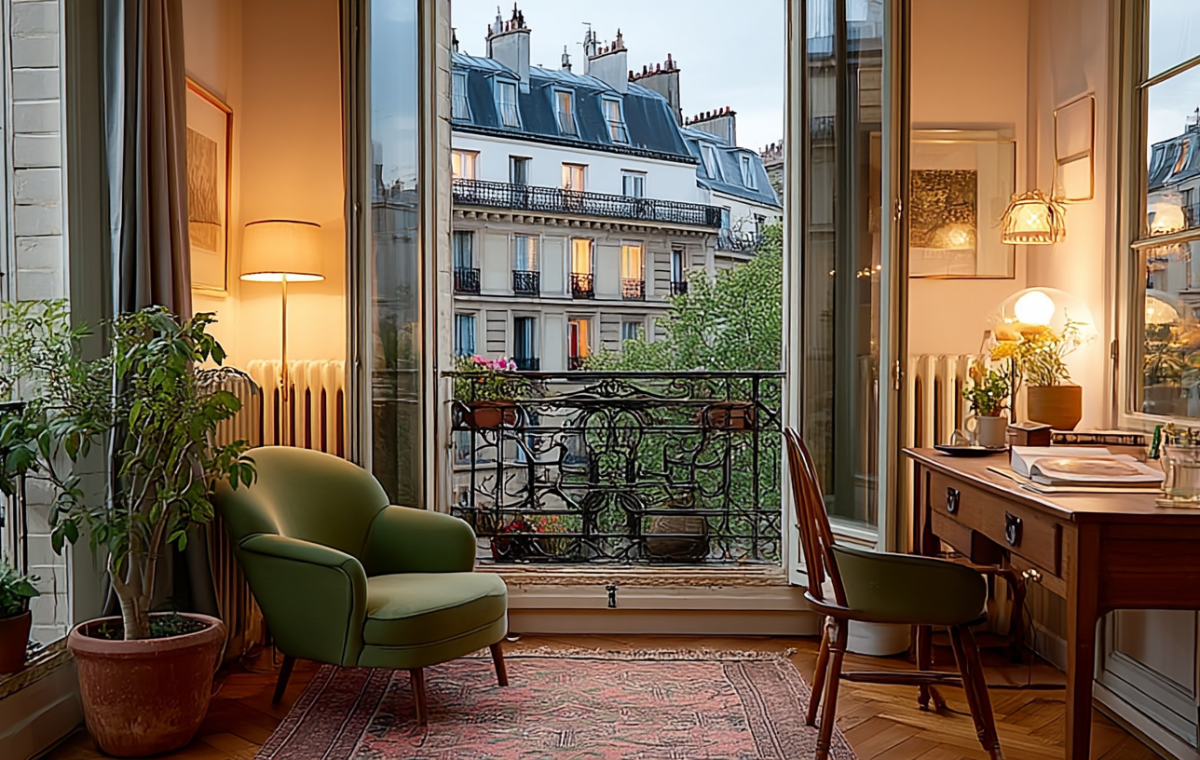 Cozy French apartment workspace featuring a vintage wooden desk, green armchair, and a historic balcony view.