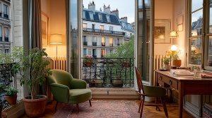 Cozy French apartment workspace featuring a vintage wooden desk, green armchair, and a historic balcony view.