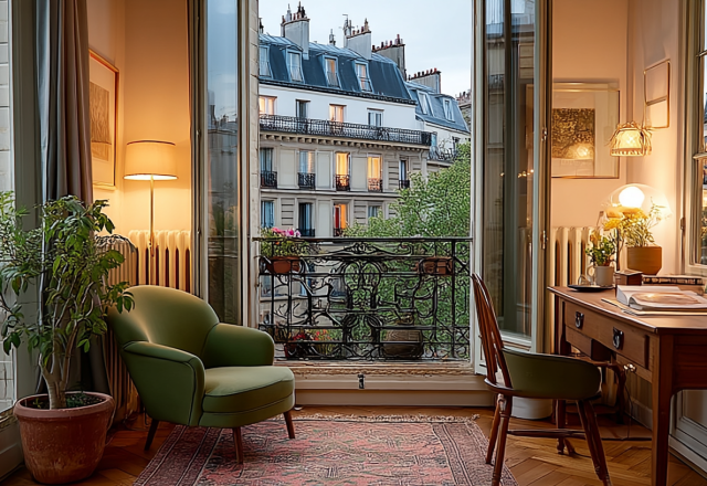 Cozy French apartment workspace featuring a vintage wooden desk, green armchair, and a historic balcony view.