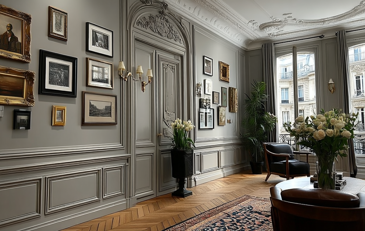 A sophisticated French boiserie salon featuring gray historic wall moldings, curated art, and herringbone hardwood floors.