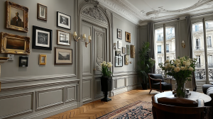 A sophisticated French boiserie salon featuring gray historic wall moldings, curated art, and herringbone hardwood floors.