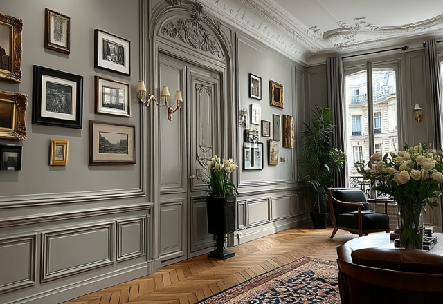 A sophisticated French boiserie salon featuring gray historic wall moldings, curated art, and herringbone hardwood floors.