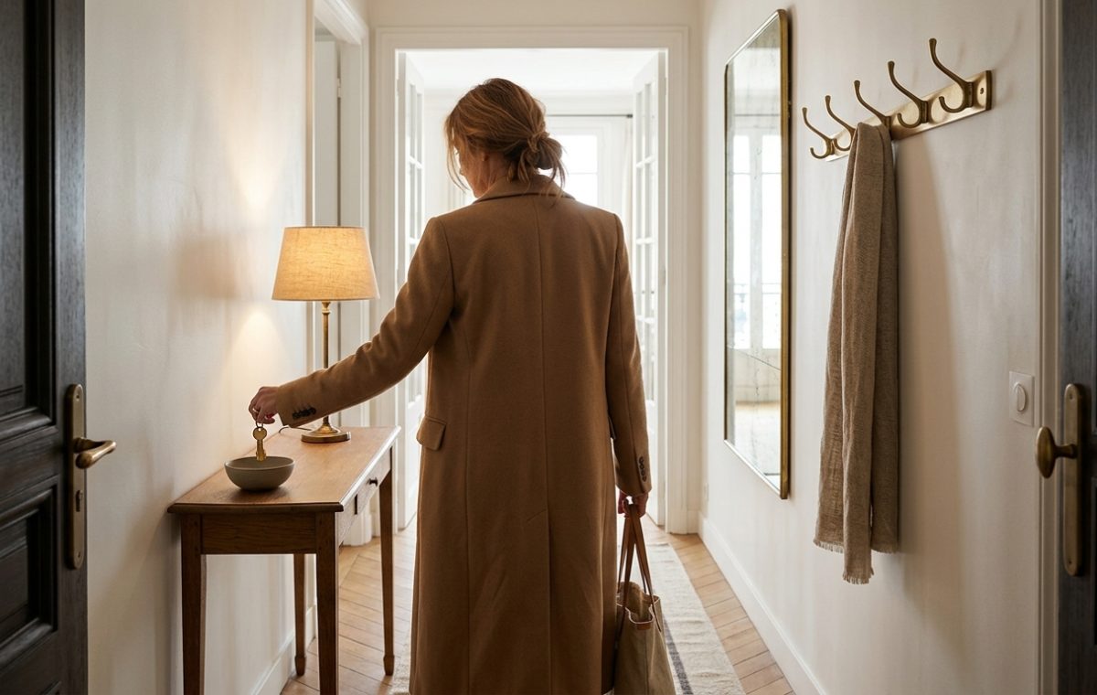 Woman dropping keys into a ceramic bowl on a slim wooden table in a hallway drop zone